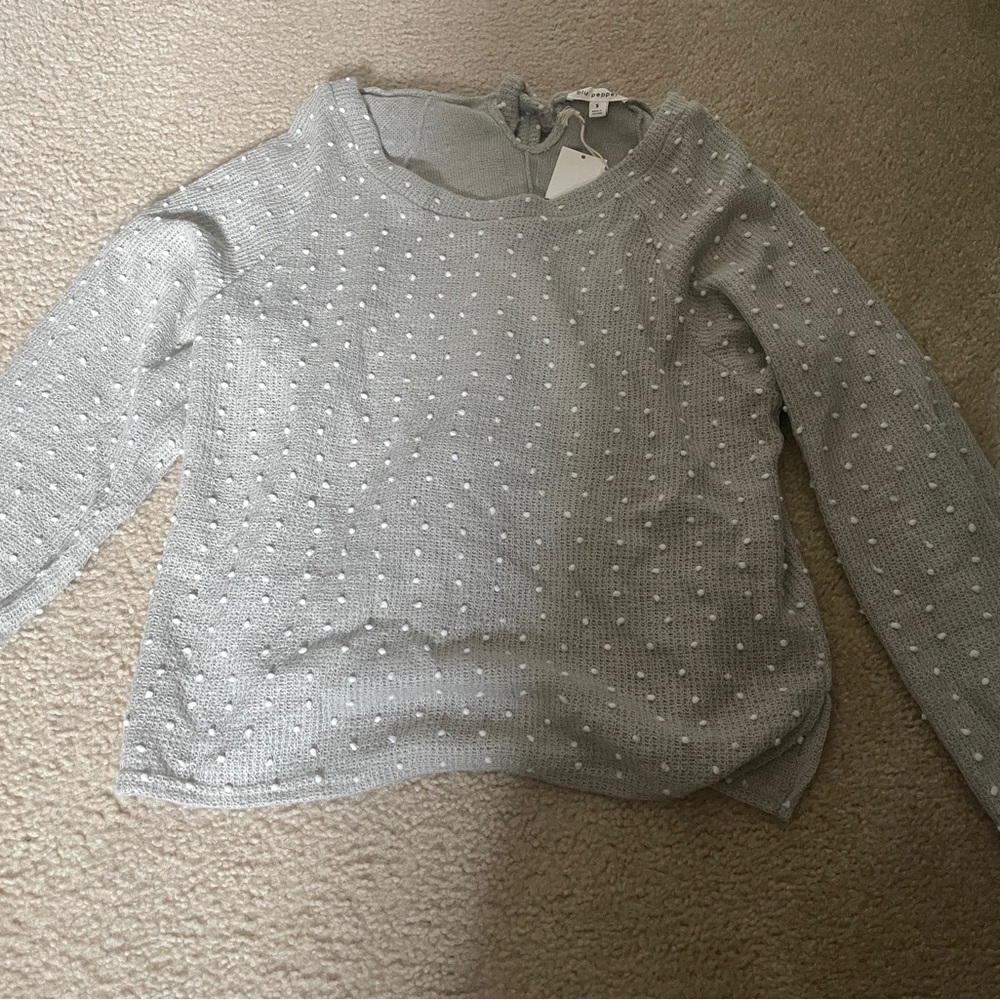 Grey top with white polka dots